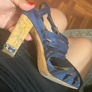 CHANEL Suede Cork Heel Coco Mark Strap EU 37 1/2  US 7.5